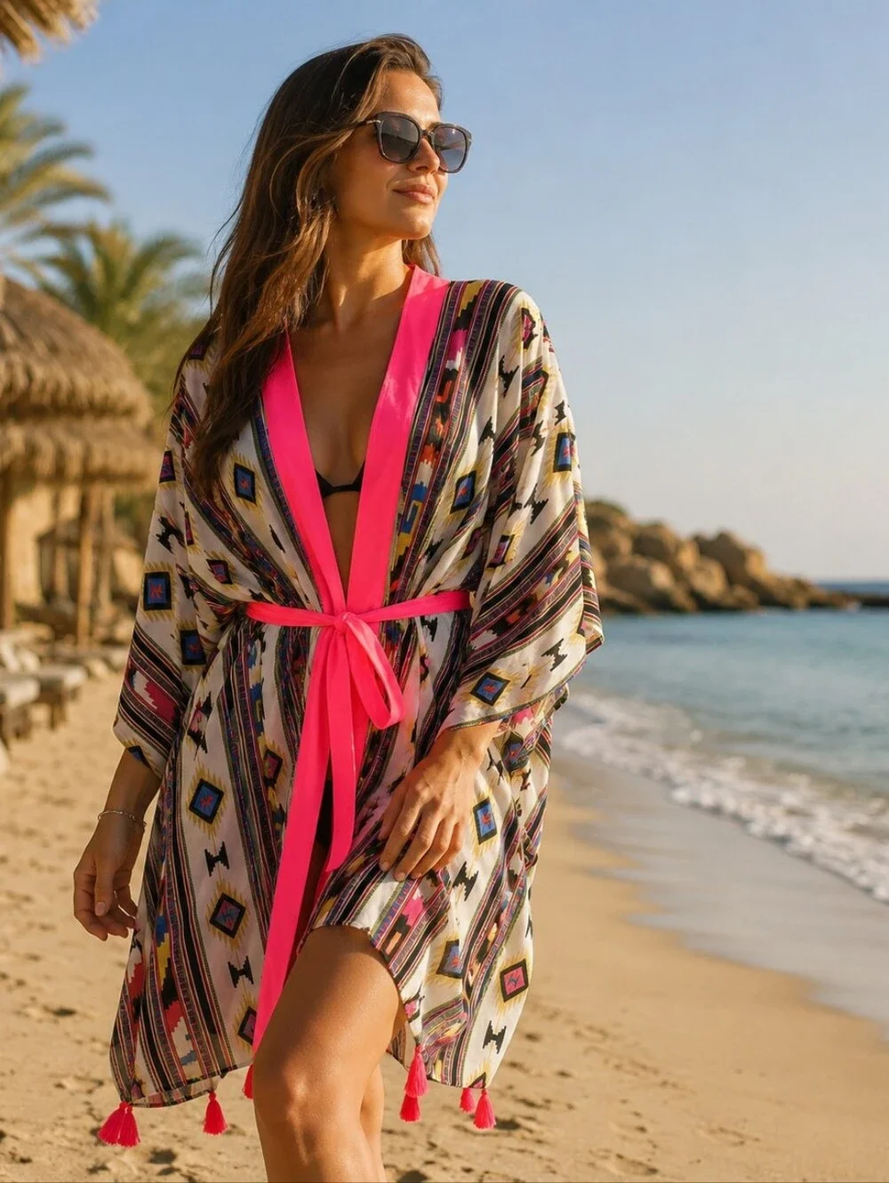 NWT.Mystique Boutique Cream Printed Beach Kimono with Hot Pink Trim